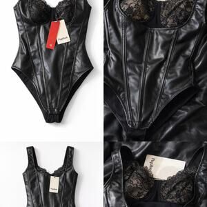 Popilush Faux Leather Lace Shapewear Bodysuit Black XS New With Tags